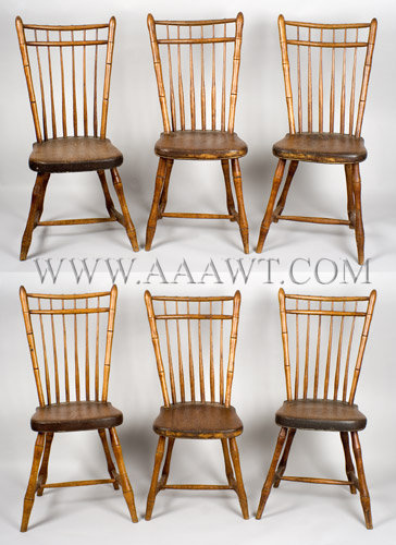Double-Bow Square-Back Windsor Side Chairs
Matched Set Of Six
New England, possibly Maine
Circa 1810-1820, entire view